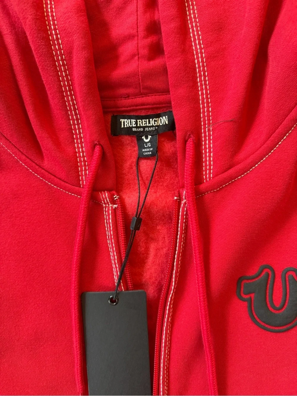 True Religion Red Zip-Up Hoodie with Contrast Stitching